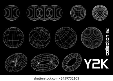 Set linear round black white y2k, 3d, frame, geometric shapes. Vector for poster, banner.