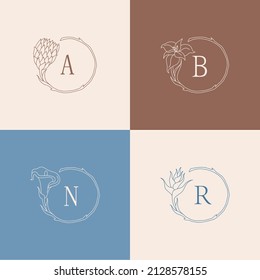 Set of linear round logos. Company name in the center. Delicate, exquisite wreaths of plants, flowers, branches and leaves. Logo for women's business, cosmetics, beauty salon