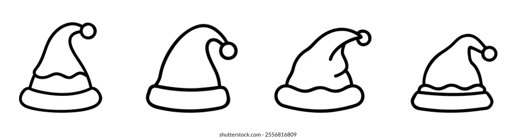 Set of linear Santa hat icons. Merry Christmas cute element. Noel hat sign. Vector illustration