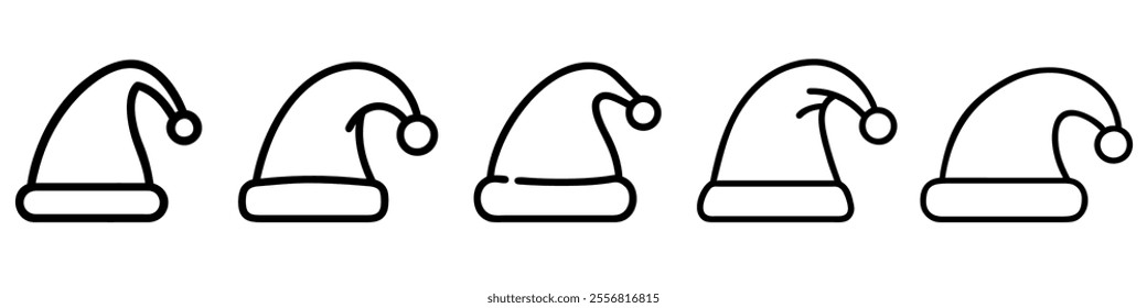 Set of linear Santa hat icons. Merry Christmas cute element. Noel hat sign. Vector illustration