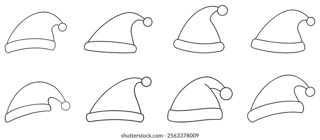 Set of linear Santa hat icons. Merry Christmas cute element. Noel hat sign. Vector illustration