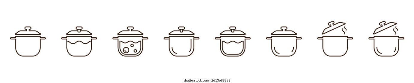Set of linear saucepan icons isolated on transparent background. Hot pan with steam line icon. A saucepan or pot with boiling water inside. Cooking icon set.