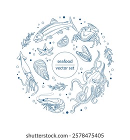 Set of linear seafood isolated on white background in a circle. Octopus, shrimp, langoustines, salmon, trout, oysters, mussels, squid, crabs. Hand drawn vector illustration of sea delicacies.