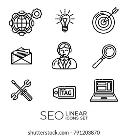 Set of linear SEO icons - target with arrow, tag and world, magnifier and mail, support, idea, instruments, site. Vector illustration