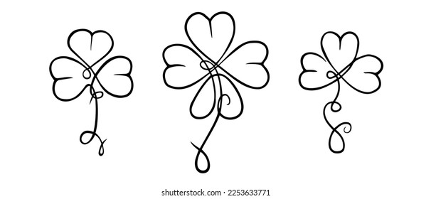 A set of linear shamrocks and four-leaf clovers for St. Patrick's Day, a symbol of the Irish holiday, good luck. Contour hand drawn shamrocks. Vector illustration