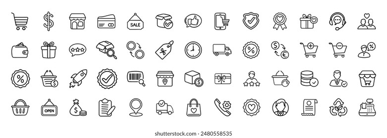 Set of linear shopping icons on white.