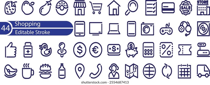 Set of linear shopping icons on white