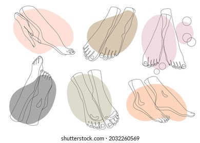 A set of linear silhouettes of female feet in different positions on a background of abstract colored spots in pastel colors. Vector linear illustration isolated on white background