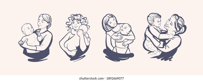 A set of linear silhouettes, a logo in the form of a sketch sign. Mom with a baby in her arms. Black and white vector.
