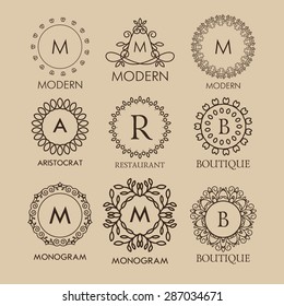 Set of linear, simple and elegant  monogram designs template with copy-space for text . Good for labels and branding. Vector illustration. Logo.
