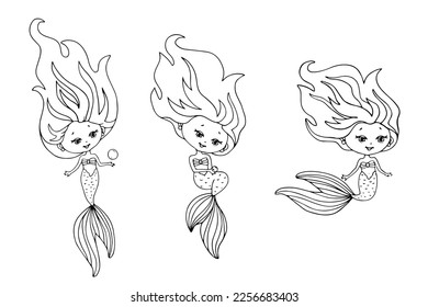 A set of linear sketches, children's coloring cute mermaids.Vector graphics.
