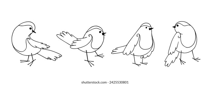 A set of linear sketches, coloring pages of little birds. Vector graphics.