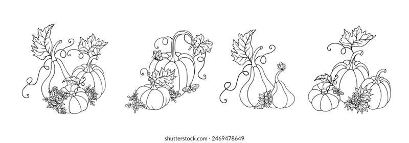 Un conjunto de bocetos lineales, páginas para colorear de calabazas con flores de girasol, hojas de otoño. Vector gráfico.