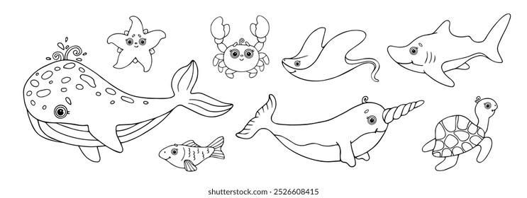 Conjunto de bocetos lineales, páginas para colorear de lindos personajes de animales marinos. Gráficos de Vector.