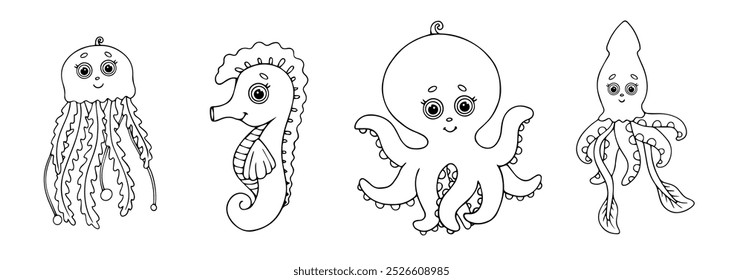 Conjunto de bocetos lineales, páginas para colorear de lindos personajes de animales marinos. Gráficos de Vector.