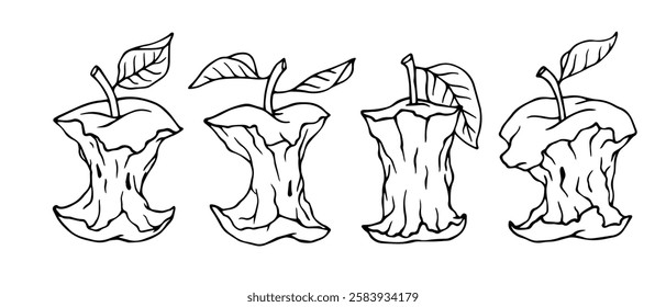 Set of linear sketches, coloring pages of apple cores, heads. Vector graphics.