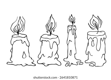 Set of linear sketches, contours of burning wax candles. Vector graphics.