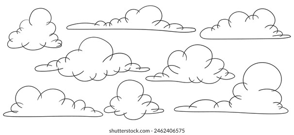 Conjunto de bocetos lineales, contornos de nubes decorativas.Gráficos de Vector.