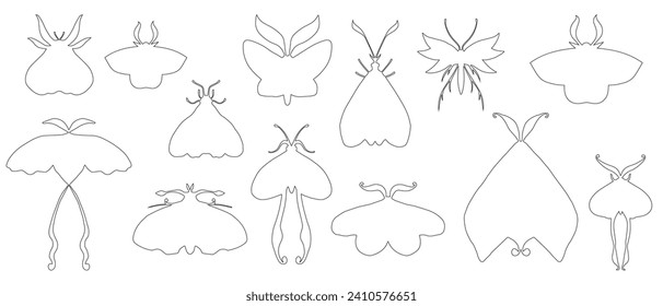 Set of linear sketches, contours of night moths.Vector graphics.