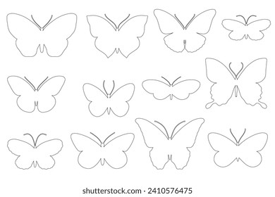 A set of linear sketches, contours of various butterflies.Vector graphics.