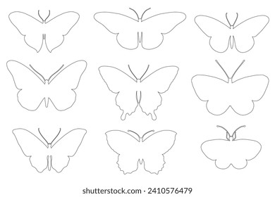 A set of linear sketches, contours of various butterflies.Vector graphics.