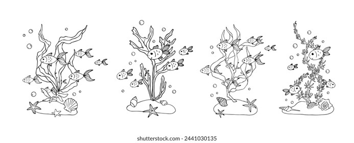 A set of linear sketches, doodles with schools of fish in seaweed. Vector graphics.