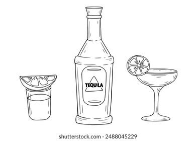 Set of linear sketches, doodles of traditional Mexican alcohol, bottle of tequila, glass of tequila with lime. Vector graphics.