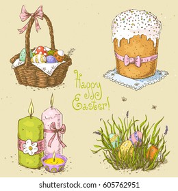 Set with linear sketches. Easter basket with eggs, candles, easter eggs hidden in the grass, easter cake. Handwritten text Happy Easter. Hand drawn vector illustration on textured paper background.