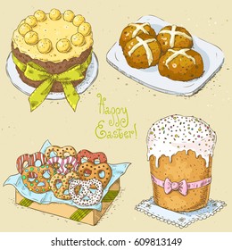 Set with linear sketches. Easter cross buns, easter cookie, pretzels in gift box, easter cake on the plate. Hand drawn vintage vector illustration on textured paper background. Image in retro style.