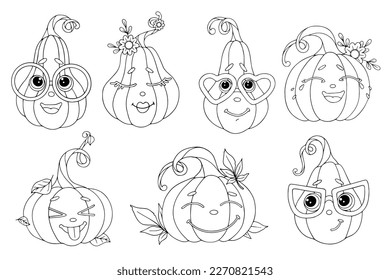 Set of linear sketches of funny autumn pumpkin characters.Vector graphics.