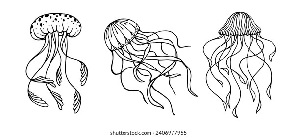 Set of linear sketches, jellyfish doodles. Vector graphics.