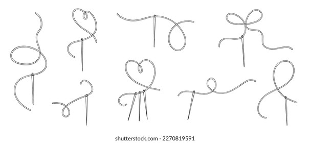 Set of linear sketches of needles and thread.Vector graphics.