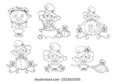 A set of linear sketches, outlines of little witch characters with kittens, pumpkins, magic potion.
Vector graphics.