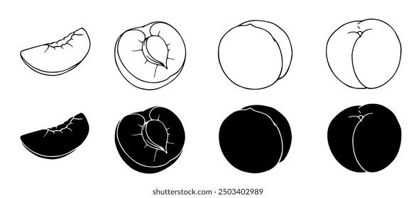 Set of linear sketches, peach silhouettes, summer fruit doodles. Vector graphics.