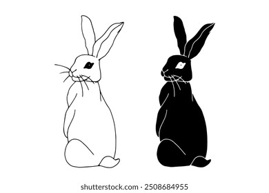 Set of linear sketches, silhouettes, doodles of hare, rabbit. Vector graphics.