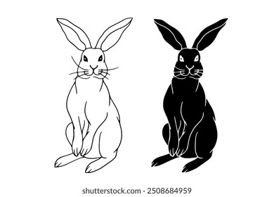 Set of linear sketches, silhouettes, doodles of hare, rabbit. Vector graphics.