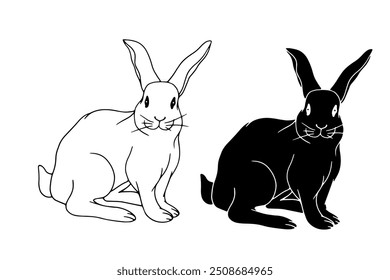 Set of linear sketches, silhouettes, doodles of hare, rabbit. Vector graphics.