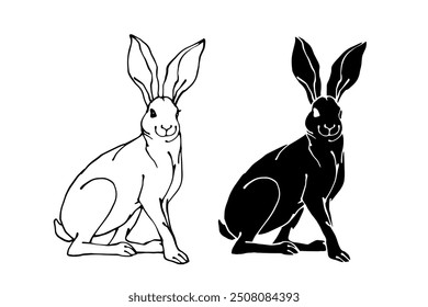 Set of linear sketches, silhouettes of hare, rabbit. Vector graphics.	