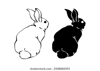 Set of linear sketches, silhouettes of hare, rabbit. Vector graphics.	