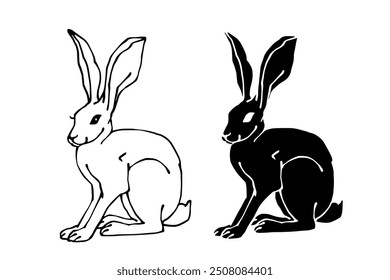 Set of linear sketches, silhouettes of hare, rabbit. Vector graphics.	