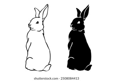 Set of linear sketches, silhouettes of hare, rabbit. Vector graphics.	