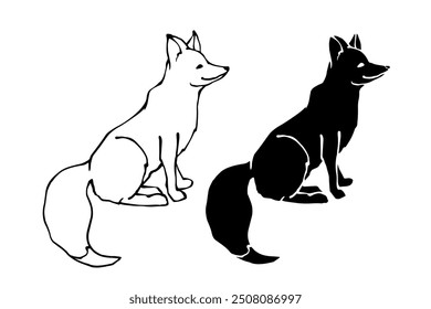 Conjunto de bocetos lineales, siluetas de un zorro animal del bosque depredador. Gráficos de Vector.	