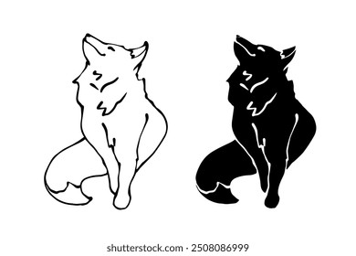 Conjunto de bocetos lineales, siluetas de un zorro animal del bosque depredador. Gráficos de Vector.	