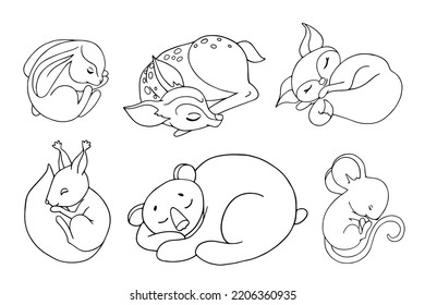 Set of linear sketches of sleeping forest animals.Cute rabbit,mouse,bear,fox,squirrel and little deer.Vector graphics.