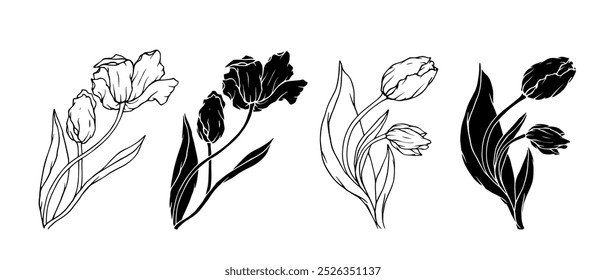 Set of linear sketches, stamps, silhouettes of spring flowers and tulip buds. Vector graphics.