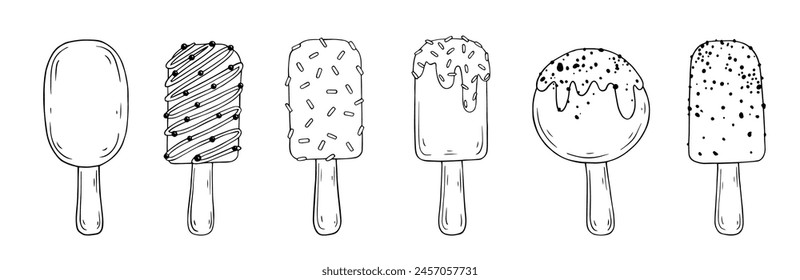 Set of linear sketches of a summer dessert, ice cream sundae on a stick.Vector graphics.