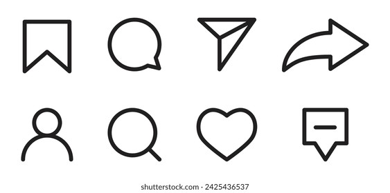 A set of linear social media interface icons, such as comments, share, save, like, search, send, message, and a person icon.