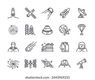 Set of linear space related icons. Simple symbols with rocket taking off, astronaut, planet, satellite and observatory. Editable stroke. Outline flat vector collection isolated on white background