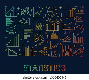 Set Of linear statistics icons. Banner for the web site colorful on dark background. Thin line elements for business. Vector illustration.