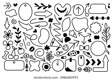 Set of linear stickers in flat cartoon design. Trendy youth design elements in black and white colors depicting arrows, speech bubbles, plants and other objects. Vector illustration.